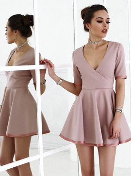 Satin Short A-Line Scoop Blush Homecoming Party Dress with Sleeves