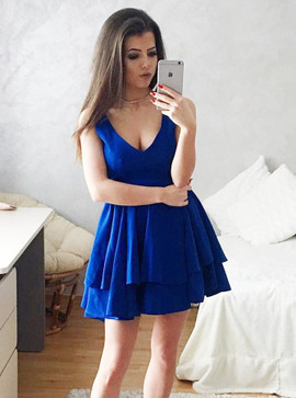 Blue Tiered Satin A-Line Scoop Sleeveless Homecoming Party Dress