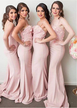 Pink Spaghetti Straps Handmade Flowers Long Mermaid Bridesmaid Dress