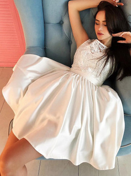 White Satin A-Line Round Neck Homecoming Party Dress with Lace