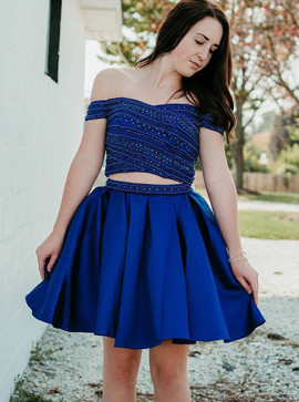 Royal Blue Two Piece Off-the-Shoulder Homecoming Dress with Beading