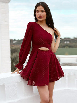 Lace One Shoulder Dark Red Homecoming Party Dress with Sleeves