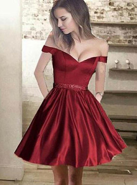 Appliques Beading A-Line Off-the-Shoulder Dark Red Satin Homecoming Dress 
