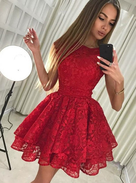 Red Lace A-Line Round Neck Short Homecoming Party Dress