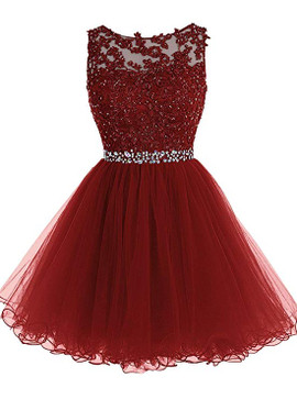 Burgundy Tulle Short Lace  Beaded Cocktail Homecoming Dress