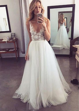 Cheap 2019 Applique Tulle V-neck 3D Flowers  A-line Wedding Dress