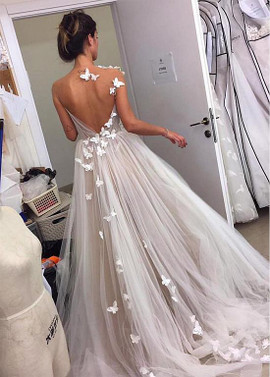 Cheap 2019  Handmade Flowers Tulle V-neck A-line Wedding Dress