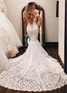 Cheap 2019 Lace Off-the-shoulder Slim Mermaid Wedding Dress