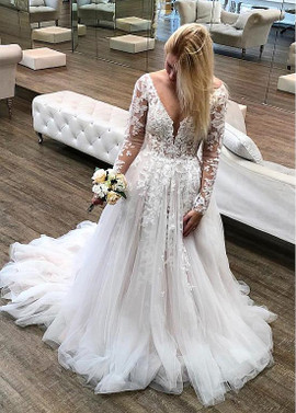 Cheap 2019 Tulle V-neck Beading Long Sleeve A-line Wedding Dress