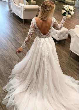Cheap 2019 Tulle V-neck Beading Long Sleeve A-line Wedding Dress