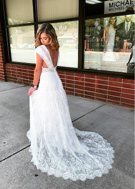 Cheap 2019 Tulle & Lace V-neck  Beadings A-line Wedding Dress