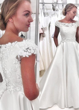 Cheap 2019 Satin & Tulle Bateau Flowers A-line Wedding Dresses With Pockets
