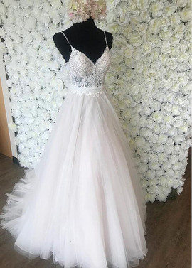 cheap 2019 Spaghetti Straps A-line Organza & Tulle Wedding Dress With Belt
