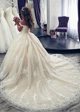 Cheap 2019 Tulle Off-the-shoulder Lace Appliques Ball Gown Wedding Dress