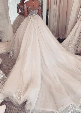 Tulle Long Sleeve Ball Gown Wedding Dress With Lace Appliques