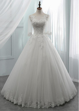 Half Sleeve Tulle Scoop  A-line Wedding Dress With Beadings