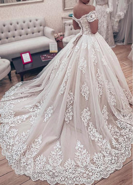 Cheap 2019 Tulle Off-the-shoulder Lace Appliques Ball Gown Wedding Dress
