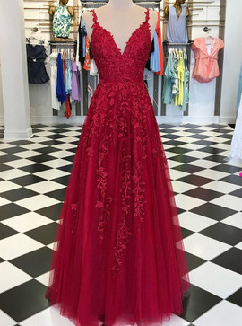 Shop 2019 Red Prom Illusion V-neck Sleeveless Evening Dress with Appliques Beading