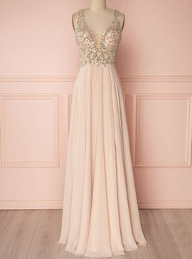 Shop 2019 Sexy V-neck  Pink Backless Prom Evening Dress with Sequins