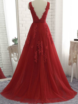 Red V-neck Sleeveless Sweep Train Backless Prom Evening Dress