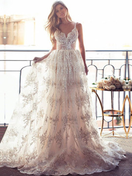Shop 2019 Champagne Lace Appliques A Line Spaghetti Straps Backless Ivory Wedding Dresses