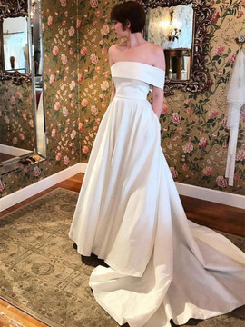 Shop 2019 Satin Long Off Shoulder White Elegant Wedding Dress