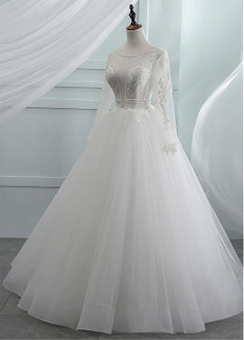 Long Sleeve Lace Bateau Beading A-line Wedding Dress