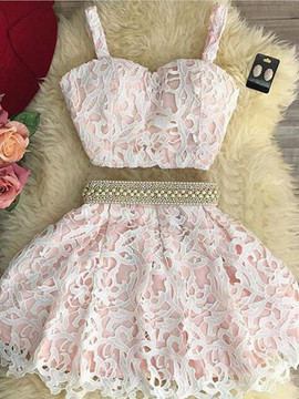 Shop 2019 Short Sweetheart Neck Two Pieces Lace Pink Homecoming Dresses