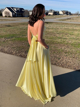 Cheap 2019 Royal Blue/Yellow A Line V Neck Two Pieces Backless Prom Dresses with High Slit