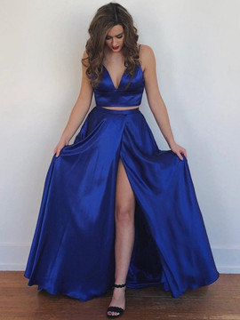 Royal Blue/Yellow A Line V Neck Two Pieces Backless Prom Dresses with High Slit