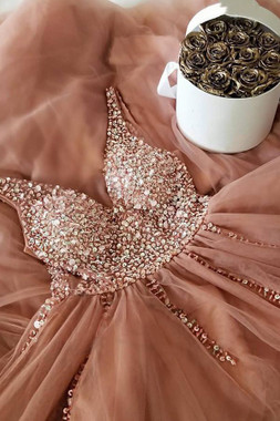 Shop 2019 Cross Back Sequins Beading Champagne A Line V Neck Tulle Long Prom Dresses