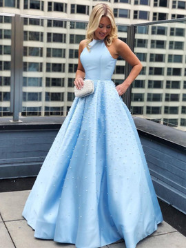 Sexy Sky Blue Halter Neck Satin Beaded Long Prom Dress