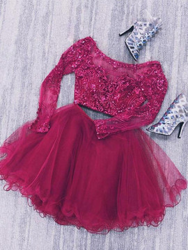 Lace Beaded Burgundy Long Sleeves Two Pieces Homecoming Dress