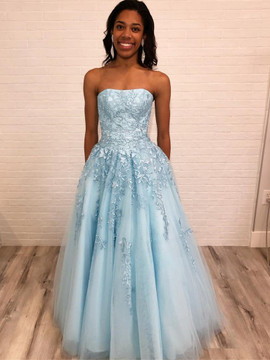 Shop 2019 Strapless Lace Light Blue A Line Appliques Long Prom Dress