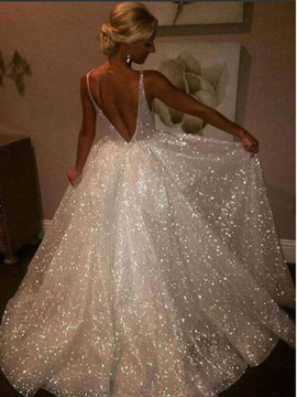 Cheap 2019 Sparkly A Line V Neck Backless Ivory Long Prom Dress