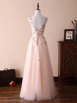 Shop 2019 Flowers Appliques Light Pink A Line Round Neck Prom Dresses