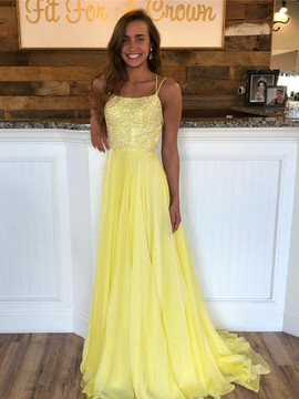 Shop 2019 Yellow A Line Backless Sequins Chiffon Long Prom Dress