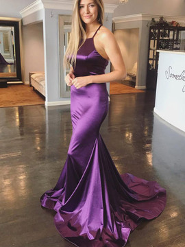  Backless Satin Purple Mermaid Long Prom Dresses with Cross Back