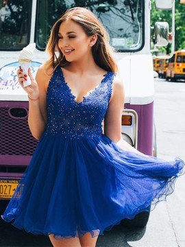 Shop 2019 V Neck Open Back Lace Beading Royal Blue Short Homecoming Dress