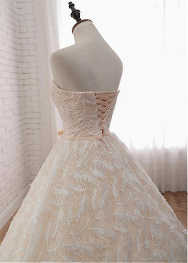 Peach Lace Strapless Long Wedding Dress With Belt