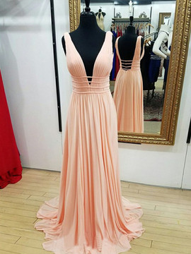 Cheap 2019 Pleated Pearl Pink/Navy Blue Chiffon A Line V Neck Backless Long Prom Dress
