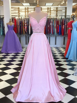 Shop 2019 Two Pieces Lace Top Pink A Line V Neck Satin Long Prom Dress