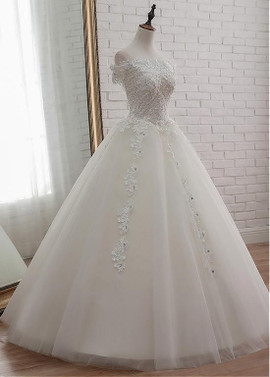 Beading Tulle Off-the-shoulder Ball Gown Wedding Dress