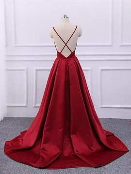 Cheap 2019 Spaghetti Straps Backless Burgundy A Line V Neck Satin Long Prom Dress