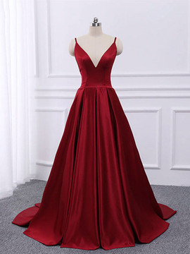 Cheap 2019 Spaghetti Straps Backless Burgundy A Line V Neck Satin Long Prom Dress