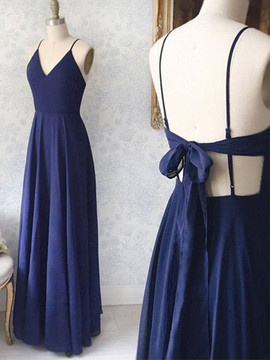 Sexy  A Line V Neck Backless Navy Blue Long Prom Dress