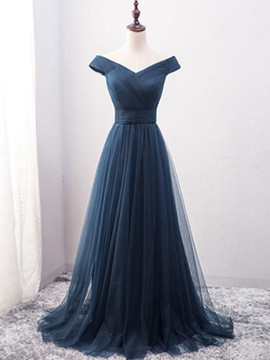 Cheap 2019 Elegant Off Shoulder Tulle Navy Blue Long Prom Dresses