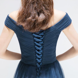 Cheap 2019 Elegant Off Shoulder Tulle Navy Blue Long Prom Dresses