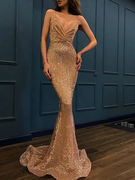 Cheap 2019 Trumpet Mermaid Sleeveless Spaghetti Straps Sequins Prom Dresses
