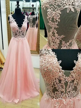 Cheap 2019 Sleeveless V-neck Floor-Length Applique Princess Tulle Pink Prom Dresses